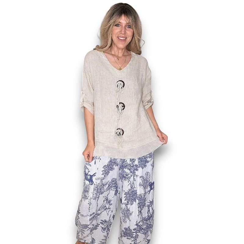 Helga May Linen Trois Button Top