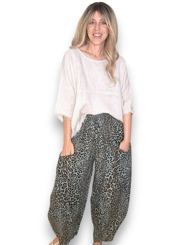 Leopard Barrel Linen Pants