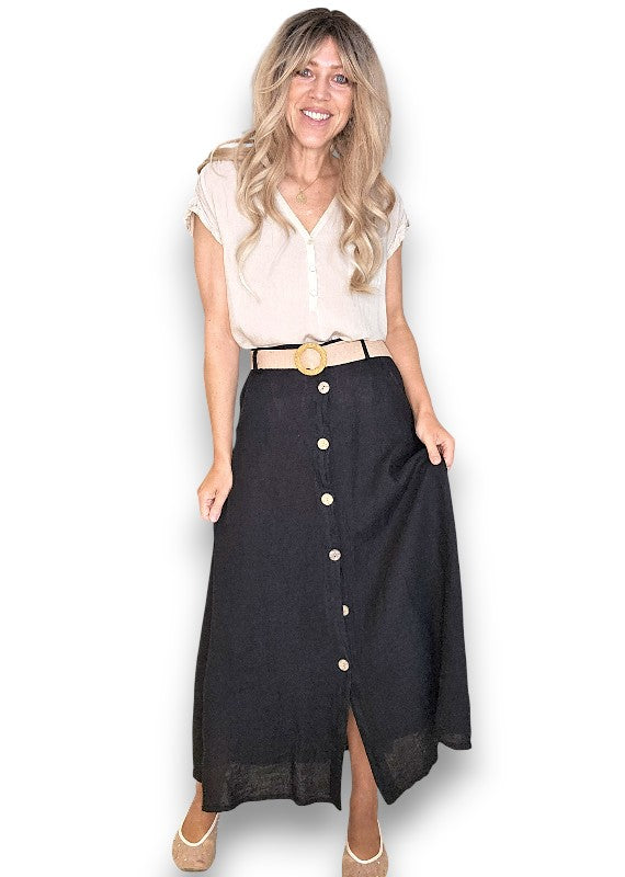 Midi Linen Skirt w Rafia Belt