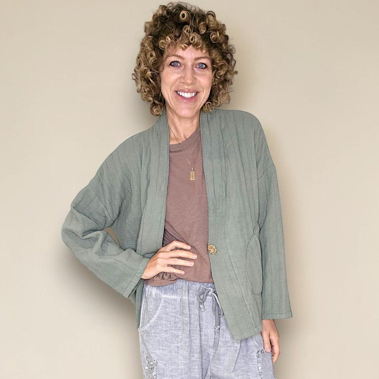 Cotton Gauze Gold Button Kimono Jkt