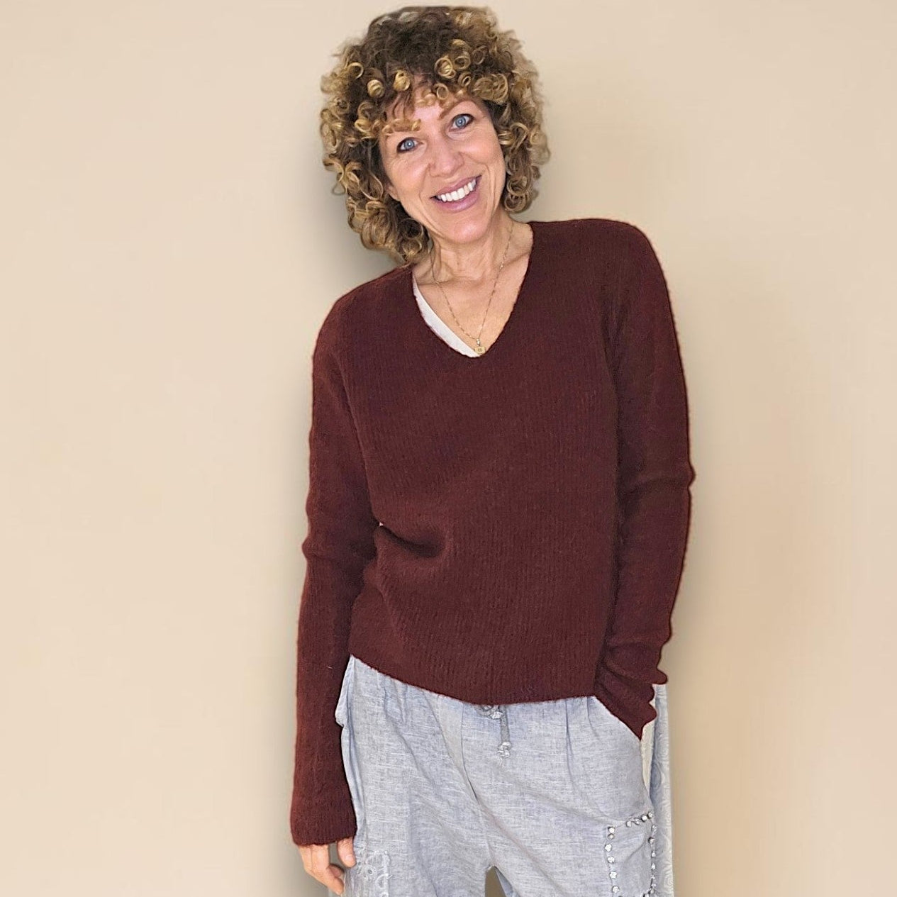 Rib V-Neck Alpaca Blend Sweater