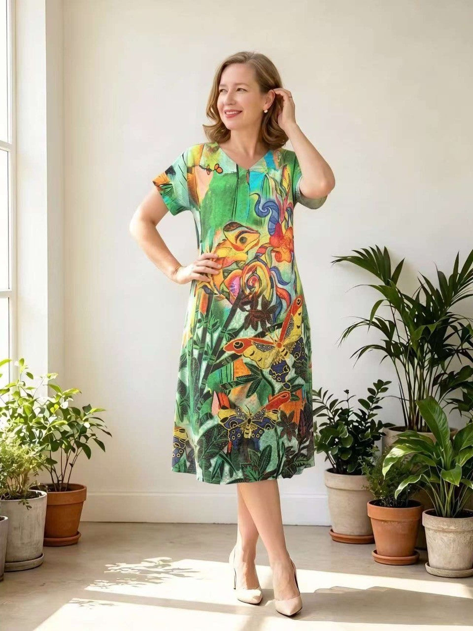 Vee Neck Cotton Dress 2612V