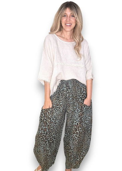 Leopard Barrel Linen Pants
