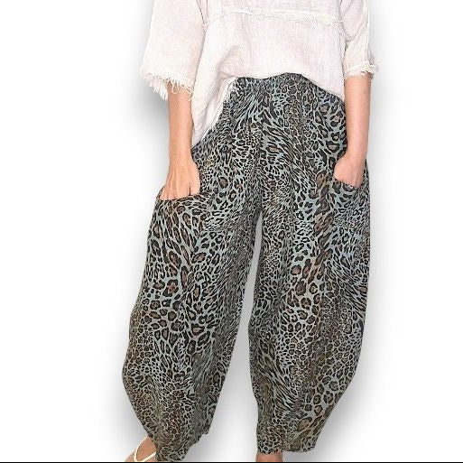 Leopard Barrel Linen Pants