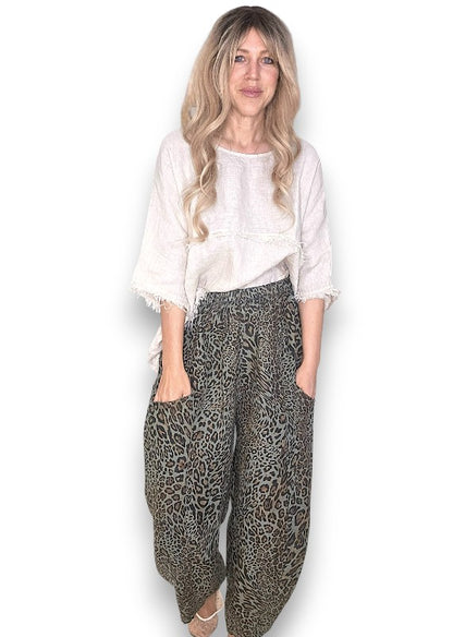 Leopard Barrel Linen Pants