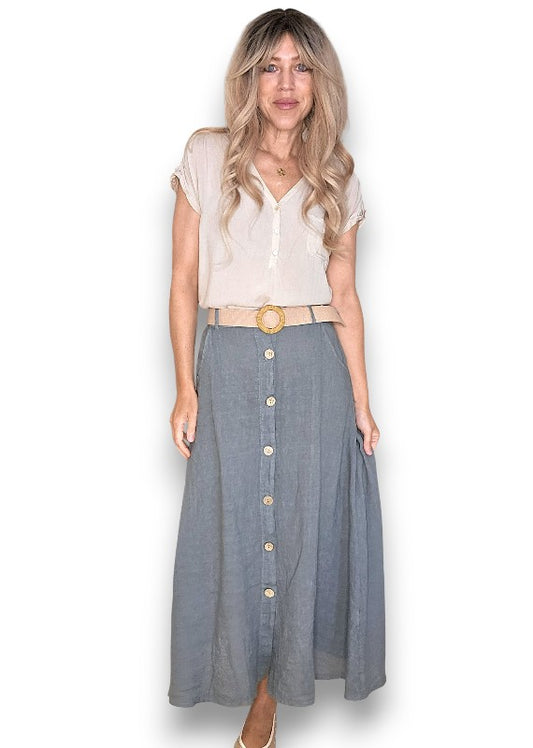 Midi Linen Skirt w Rafia Belt