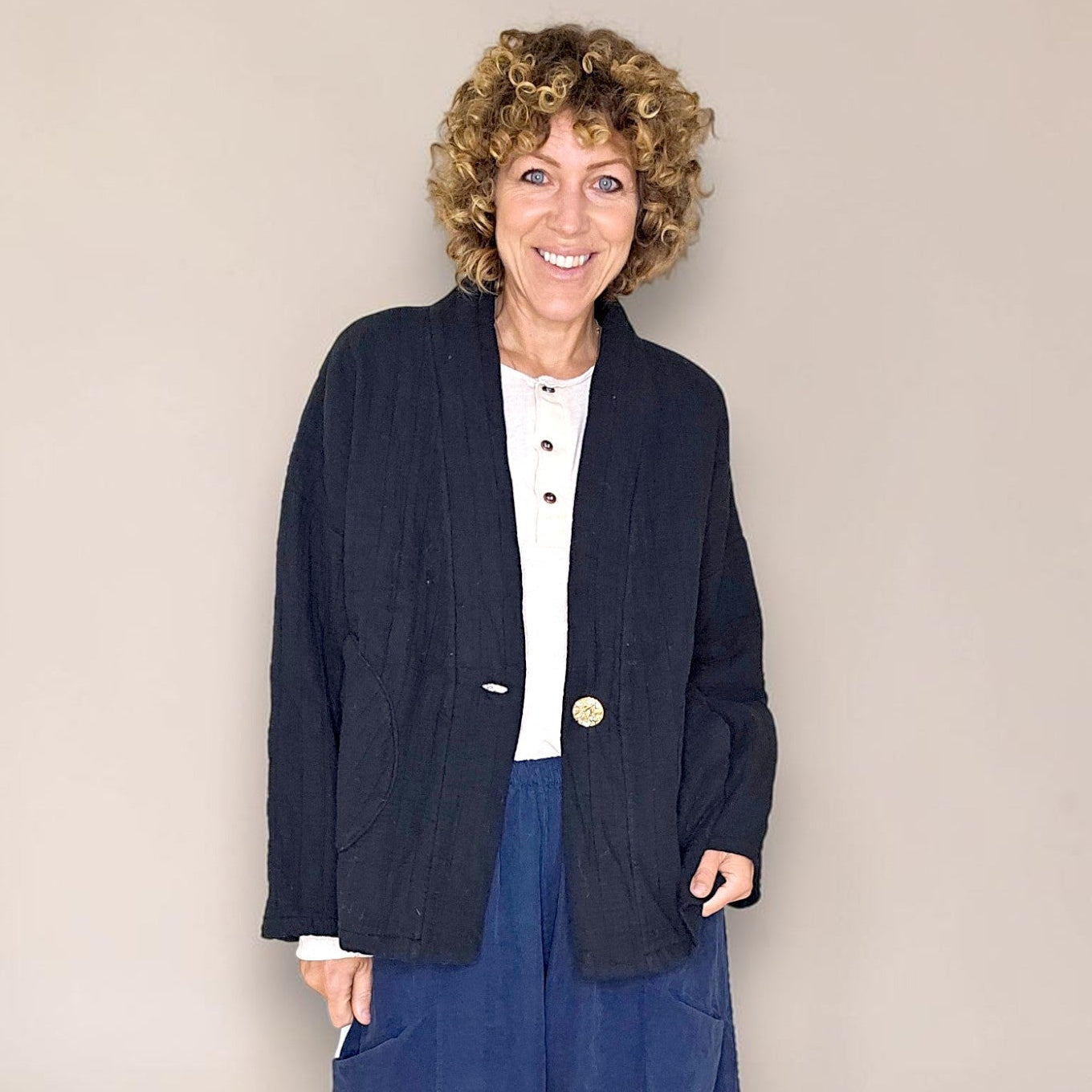 Cotton Gauze Gold Button Kimono Jkt