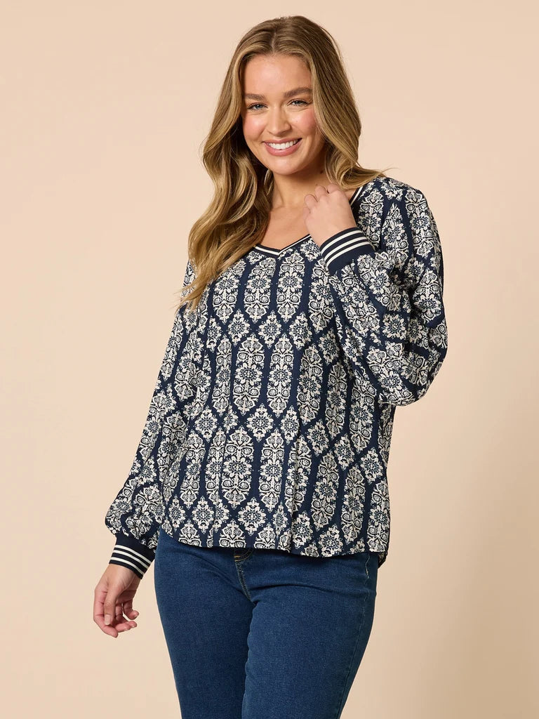 Lola Navy/White Print Top T49162