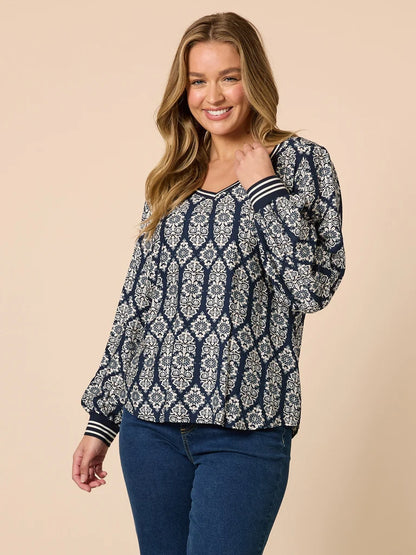 Lola Navy/White Print Top T49162