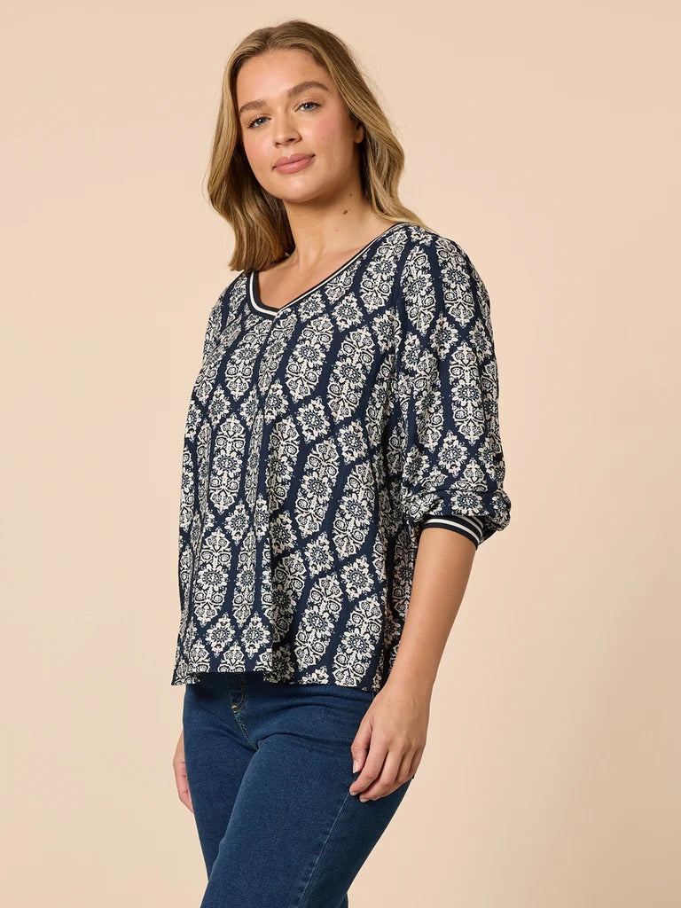 Lola Navy/White Print Top T49162
