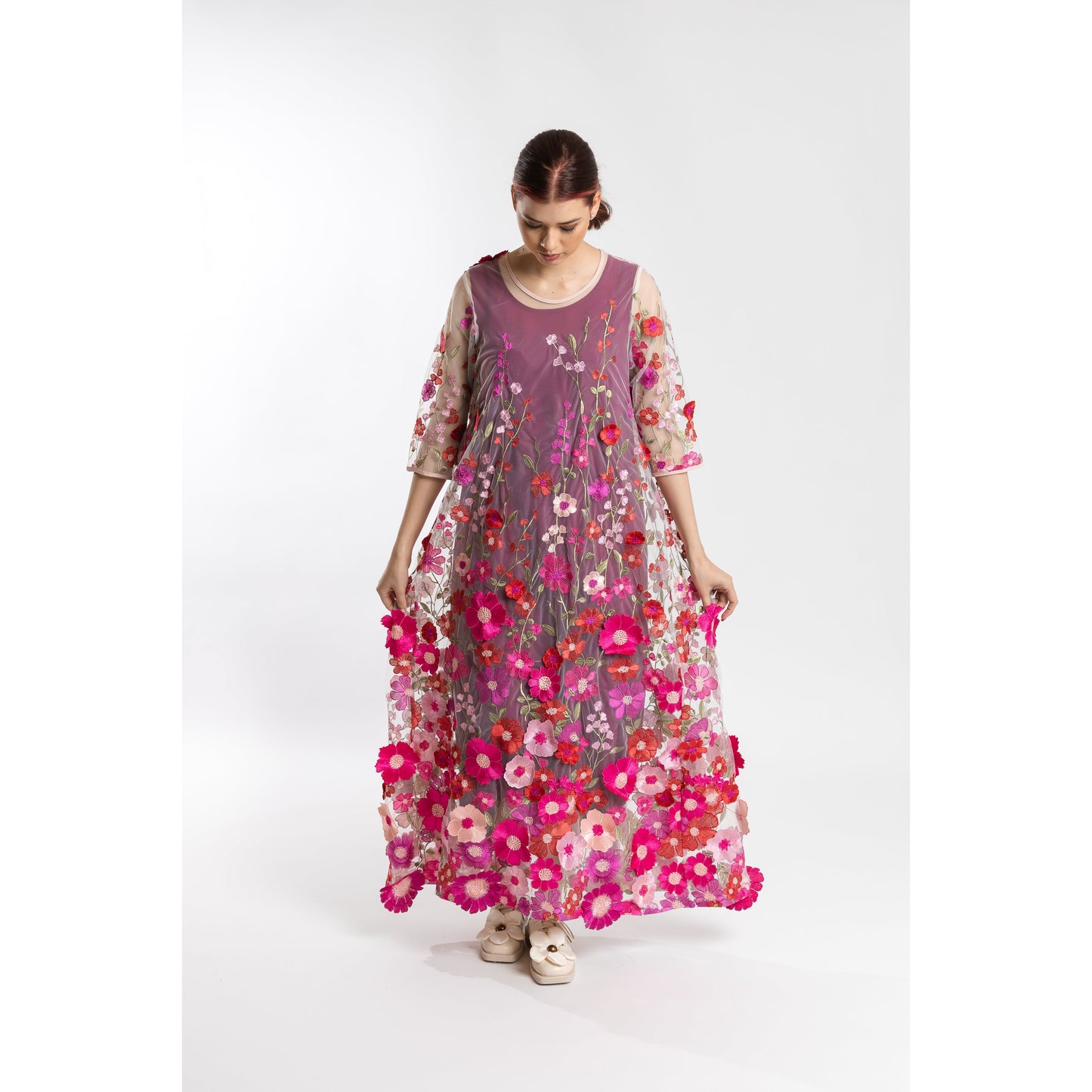 Pleat Back Dress Embroidered Garden