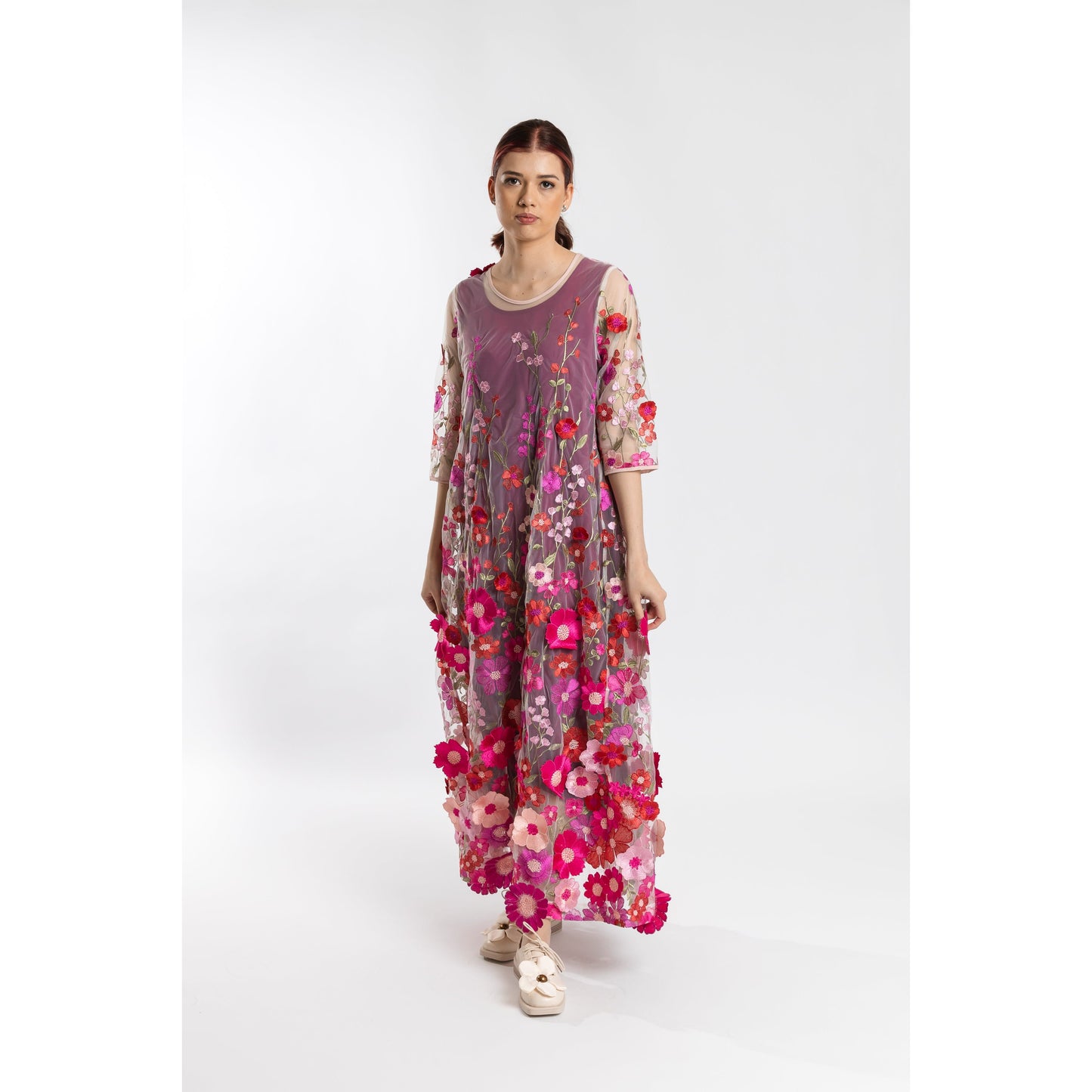 Pleat Back Dress Embroidered Garden