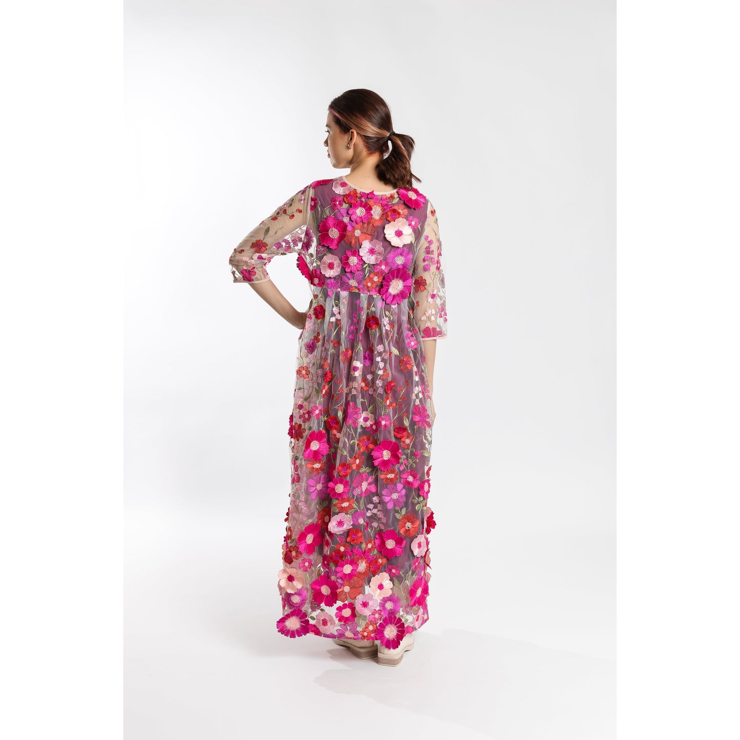 Pleat Back Dress Embroidered Garden