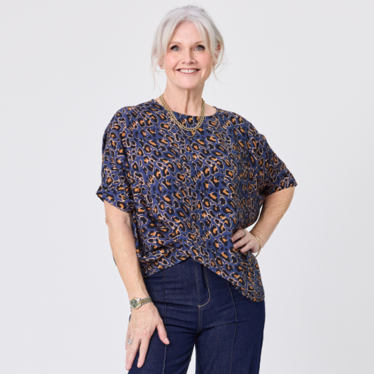 Kora Blue Cat Print Top LTD307