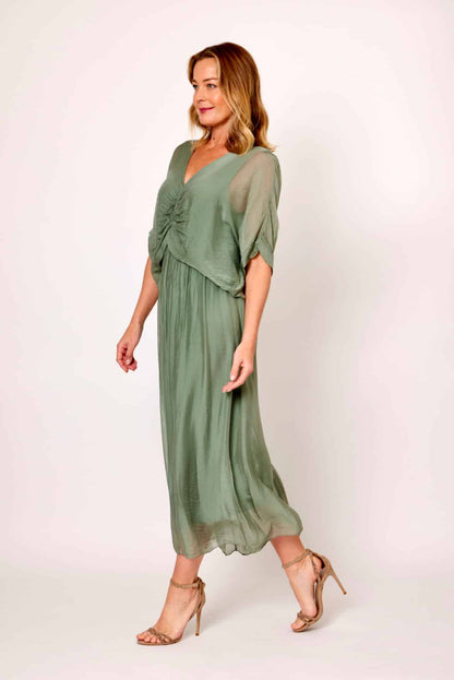 Silk/Viscose Khaki Ruch Dress LSD24-475