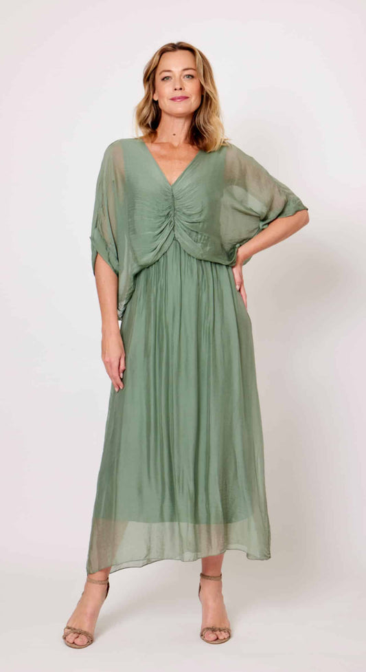 Silk/Viscose Khaki Ruch Dress LSD24-475