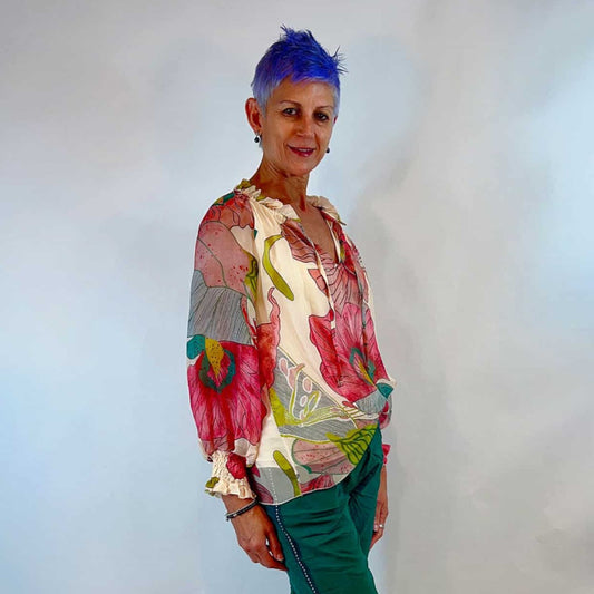 La Strada Frilled Collar Tie Neck Top