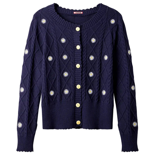 Daisy Embroidered Cable Knit Cardigan