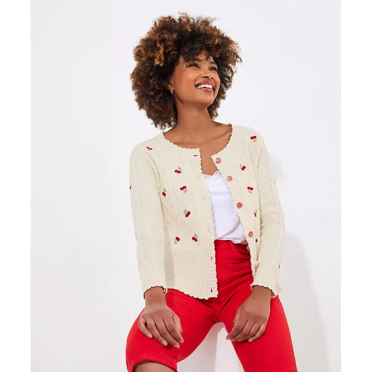 Cherry Embroidered Cable Knit Cardigan