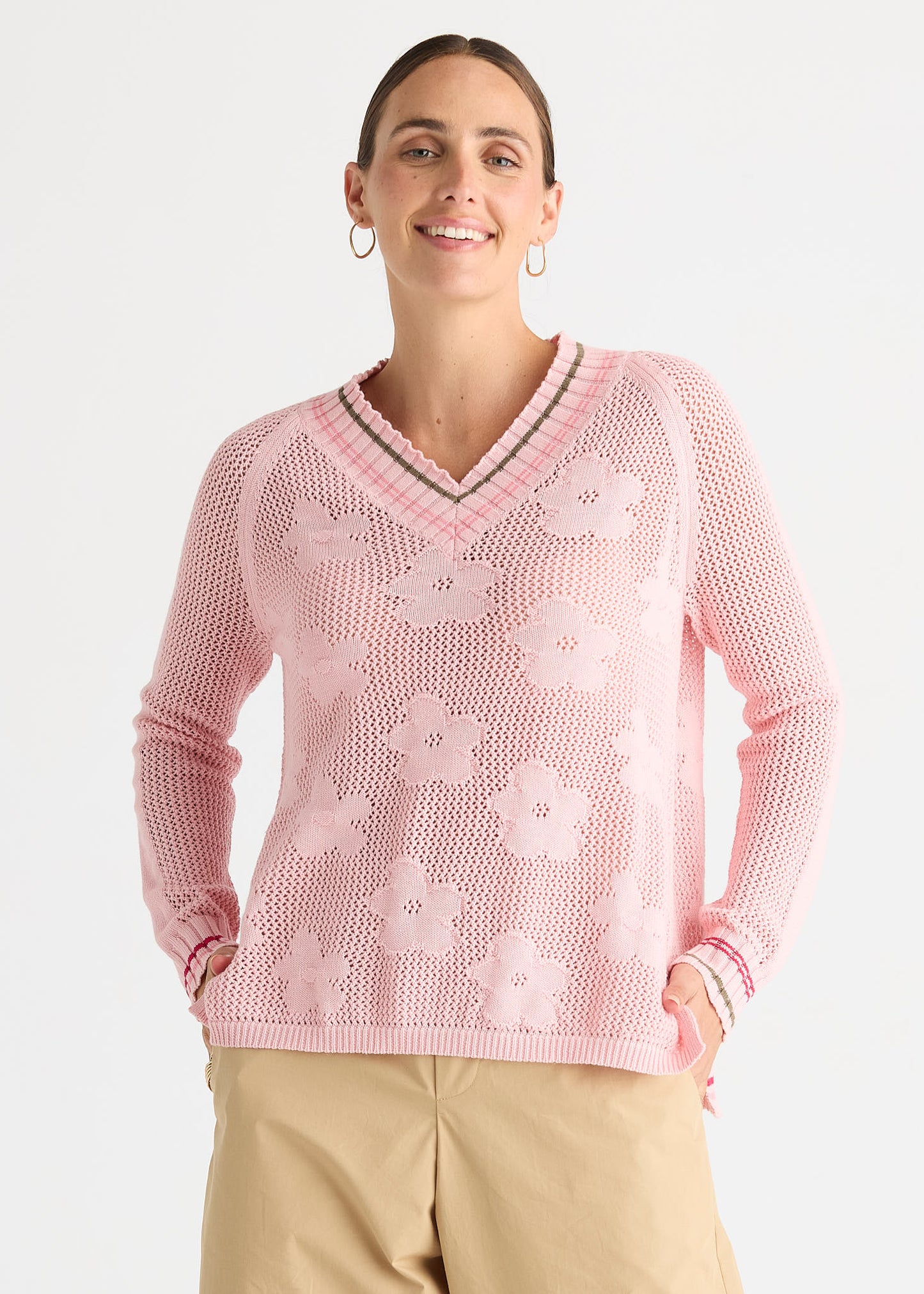 Floral Pointelle V Knit Top ZP8813
