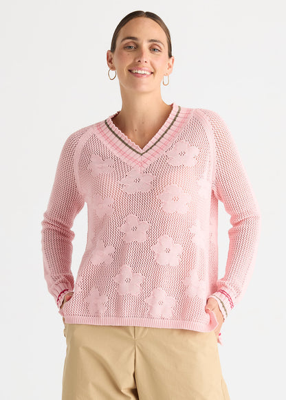 Floral Pointelle V Knit Top ZP8813