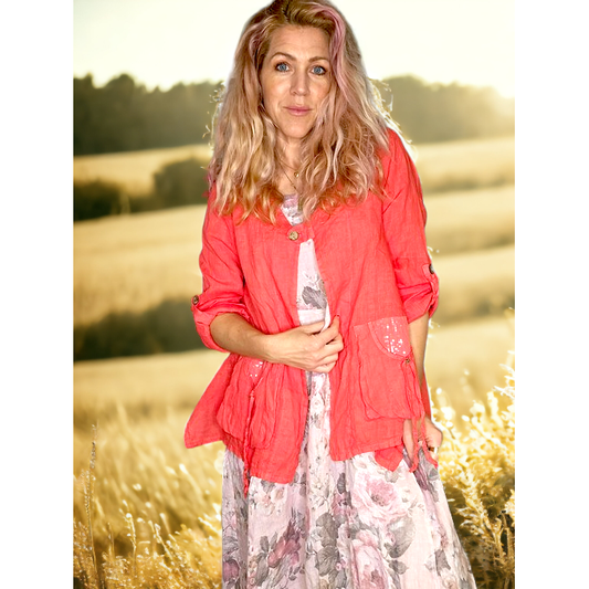 Plain Sequin Pocket Linen Jacket