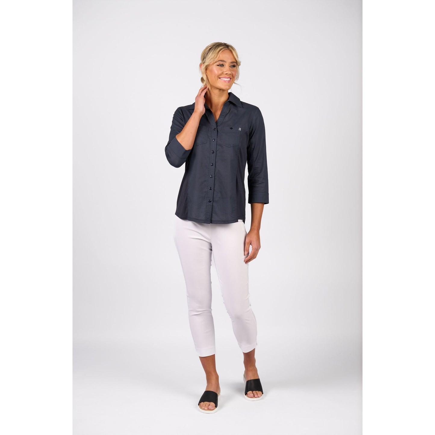 Plain Button Up Shirt w Rib Panels 4032