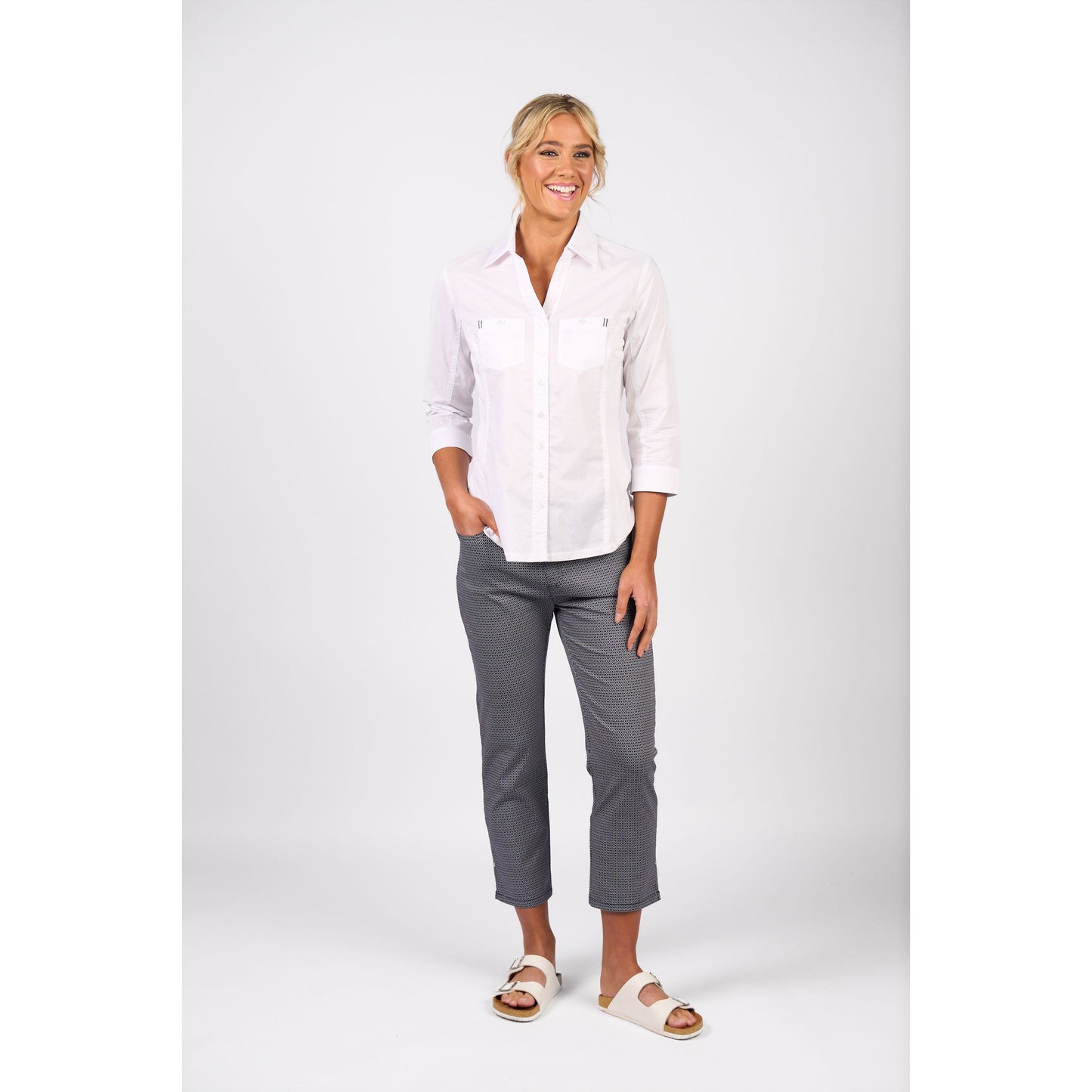 Plain Button Up Shirt w Rib Panels 4032